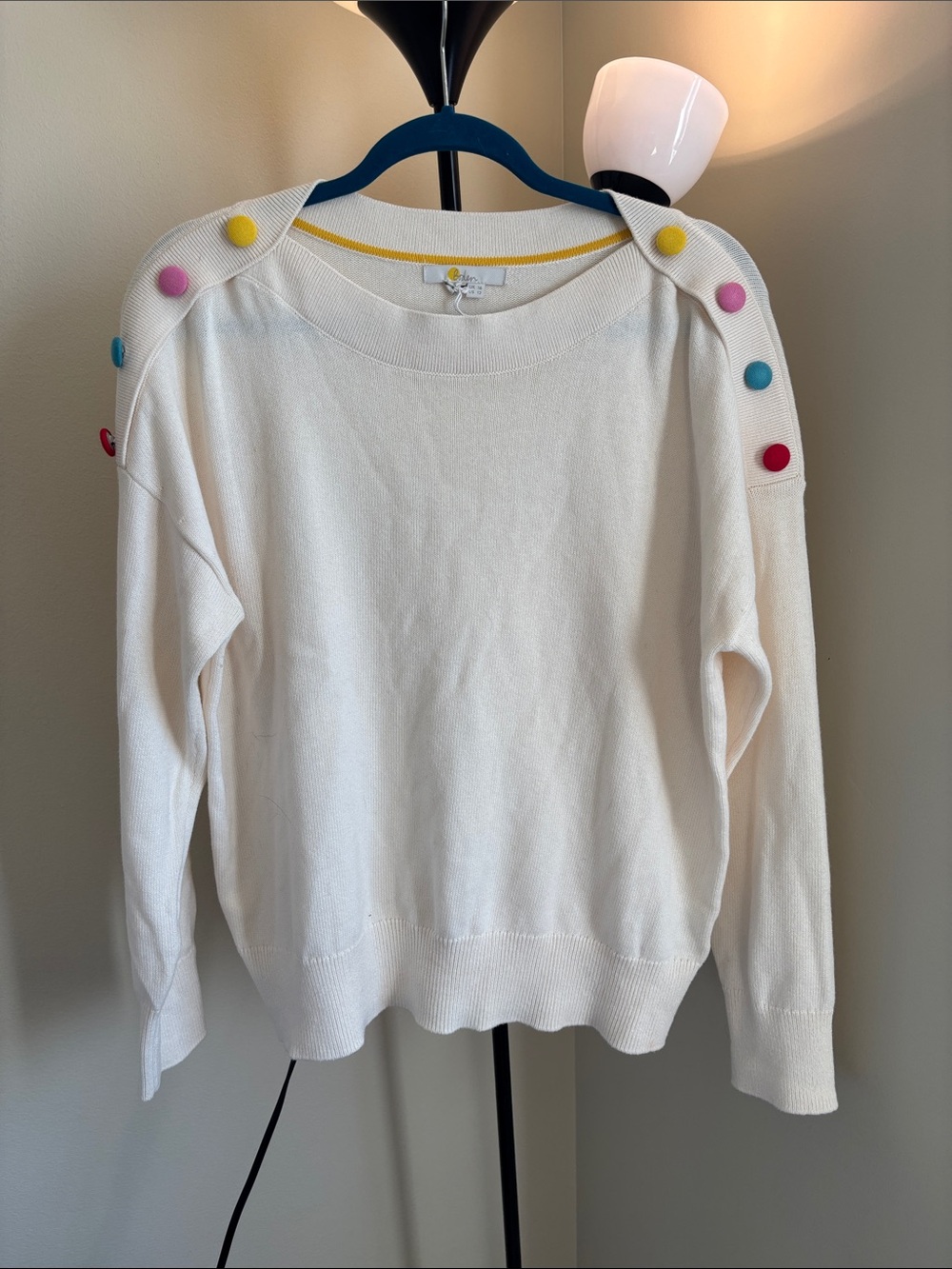 Boden Cream Crewneck Sweater with Multicolor Shoulder Buttons